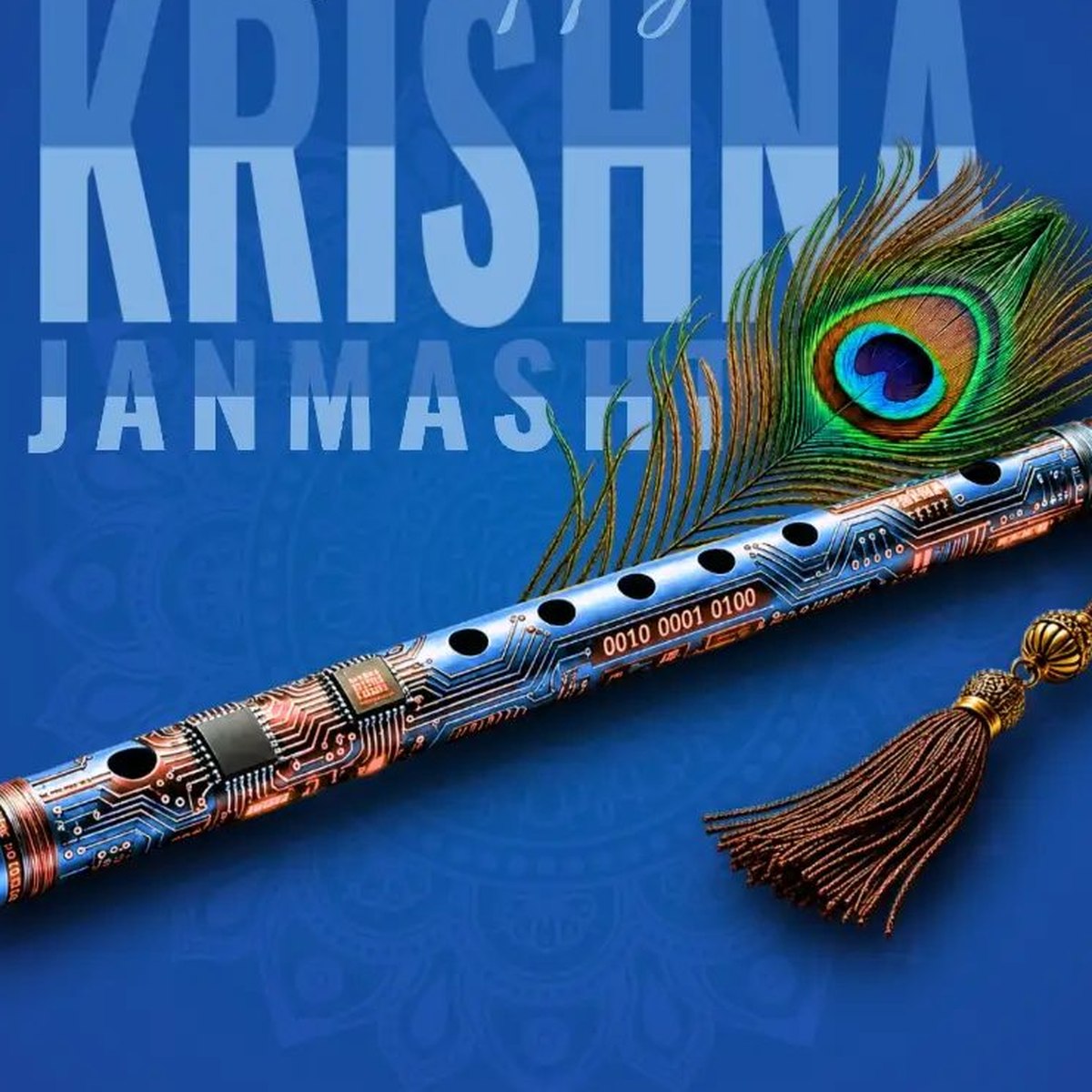 Krishna Janmashtami poster — a bansuri flute textured like a circuit board, with a peacock feather