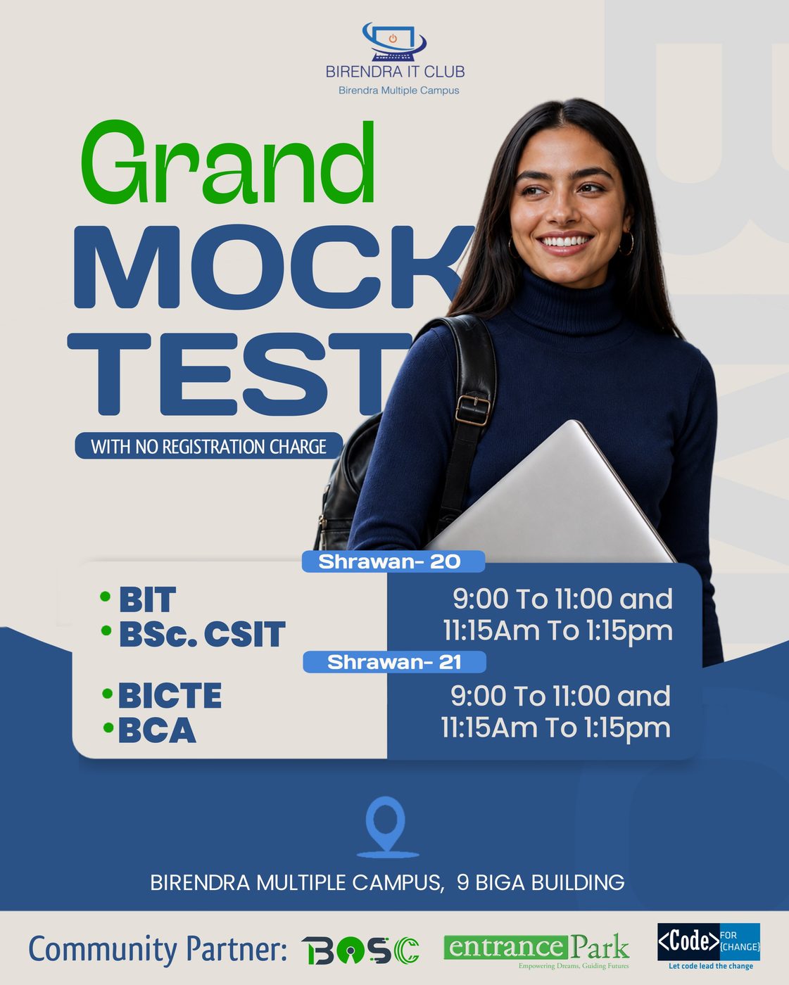 Grand mock test poster for a free TU entrance examination